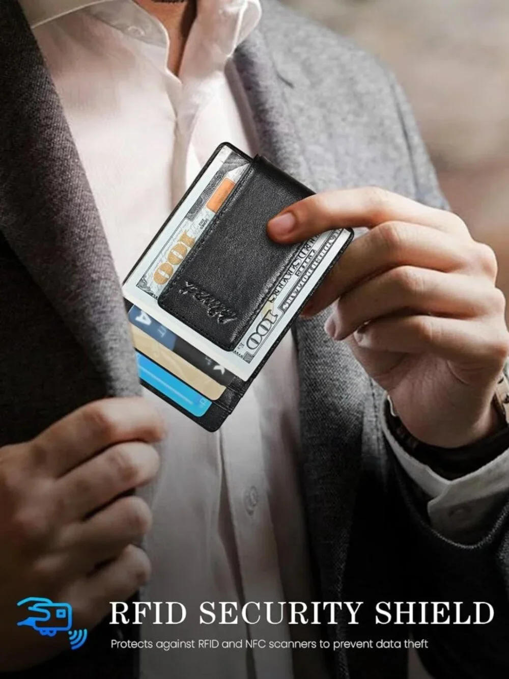 Slim Leather Money Clip Wallet for Men, RFID Blocking, Minimalist Card Holder